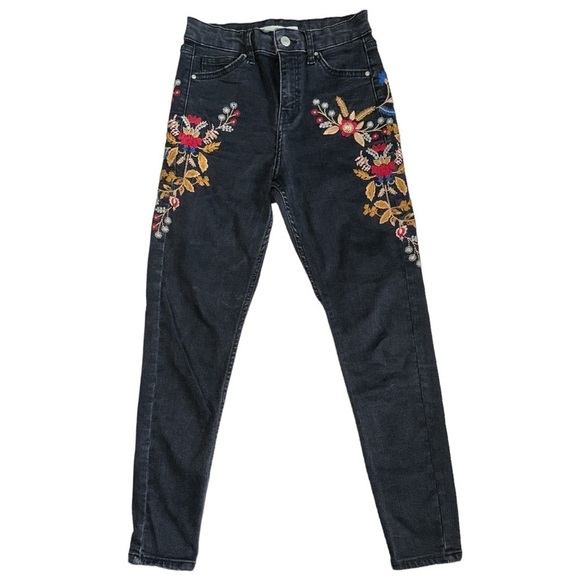 Top Shop MOTO JAMIE Faded Black W/ Floral Embroidery Ankle High Waist Stretch - Picture 1 of 10
